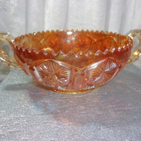 H-379 IMPERIAL STAR AND FILE HANDLED BOWL ORANGE CARNIVAL GLASS - Picture 1 of 13